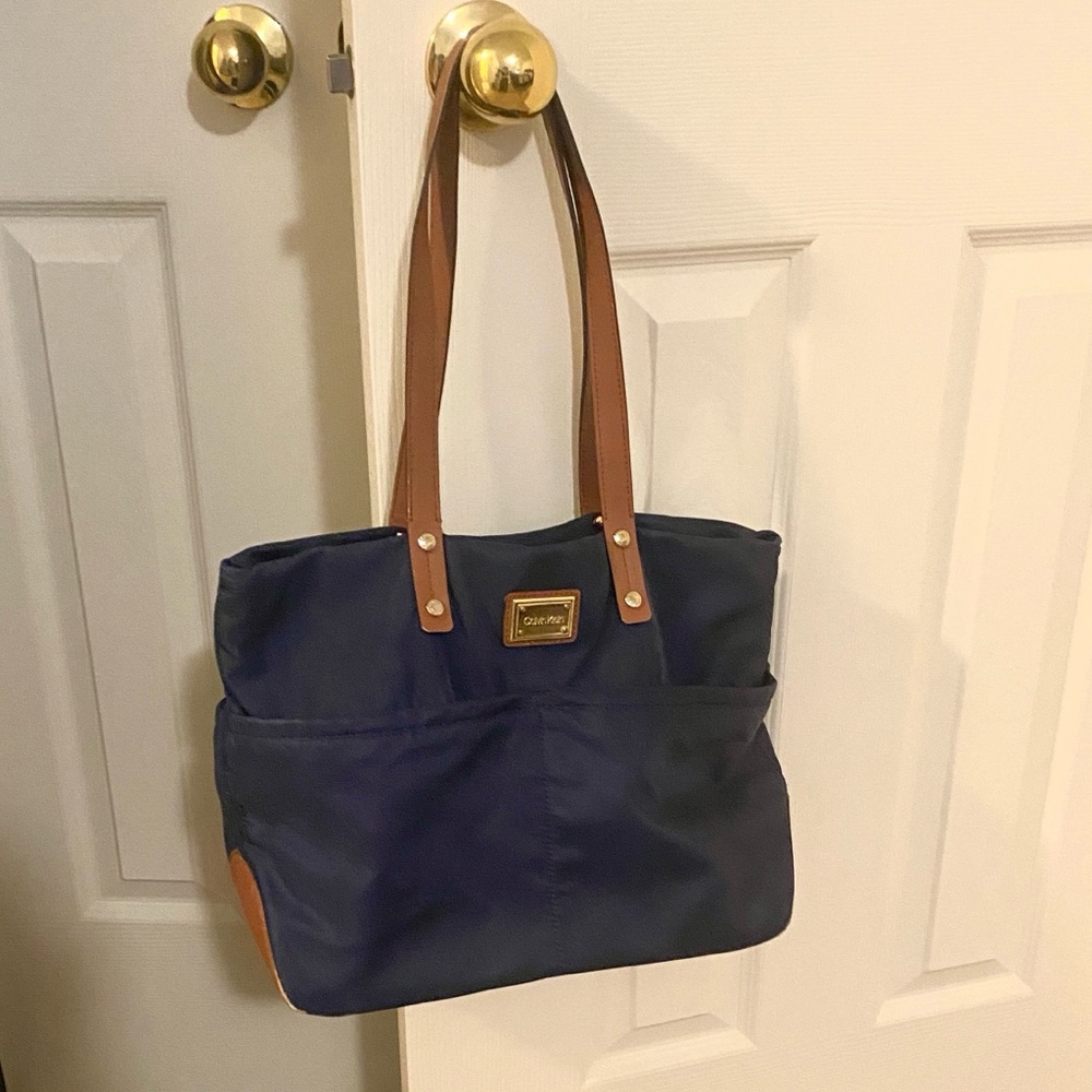Calvin Klein Deep Blue and Tan Shoulder Bag